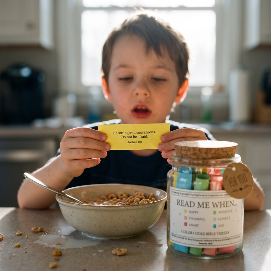 A child reading a verse slip at the breakfast table