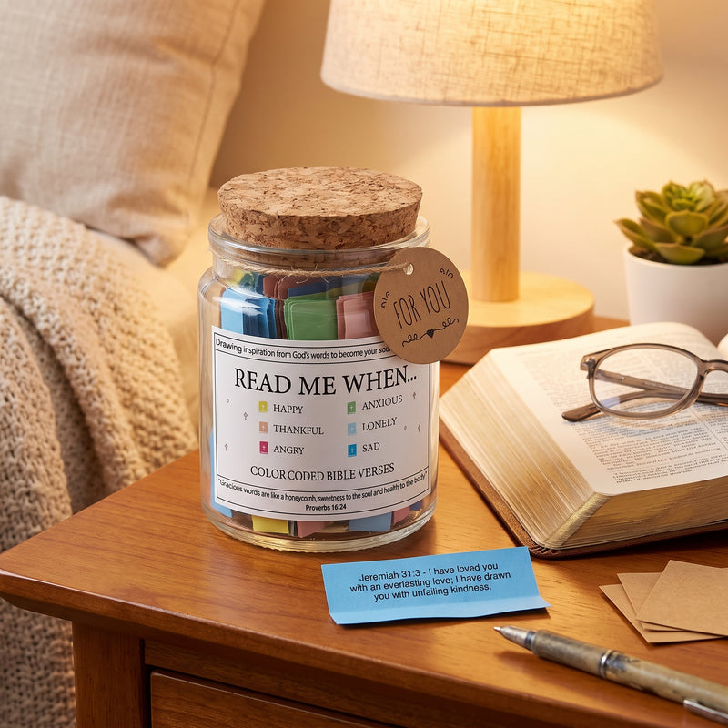 The jar on a nightstand beside a lamp
