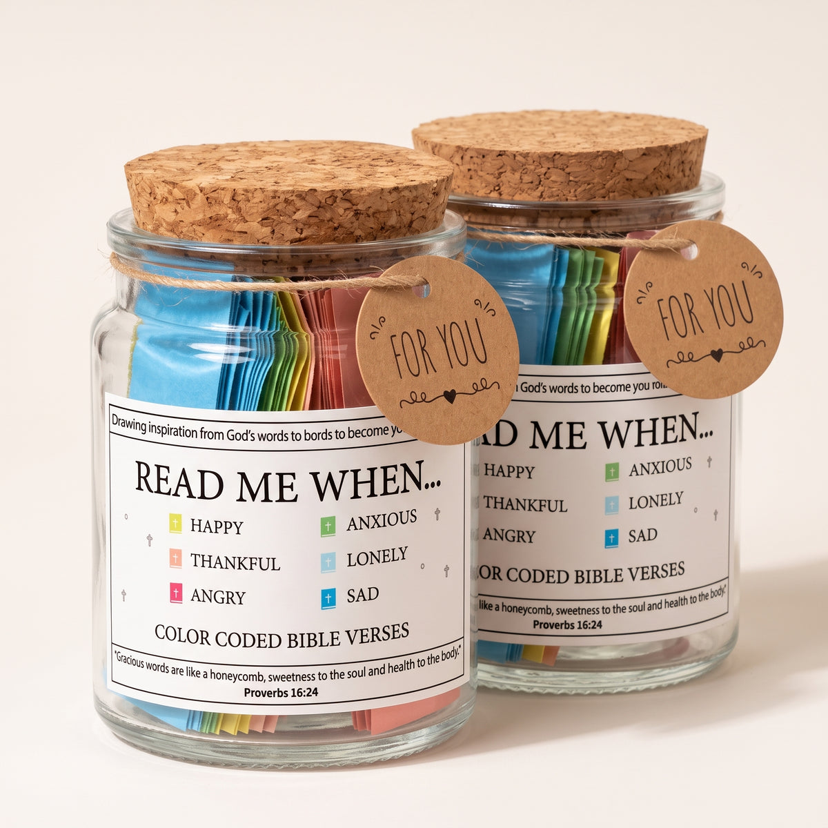 Two Read Me When Bible verse jars with cork lids and FOR YOU gift tags