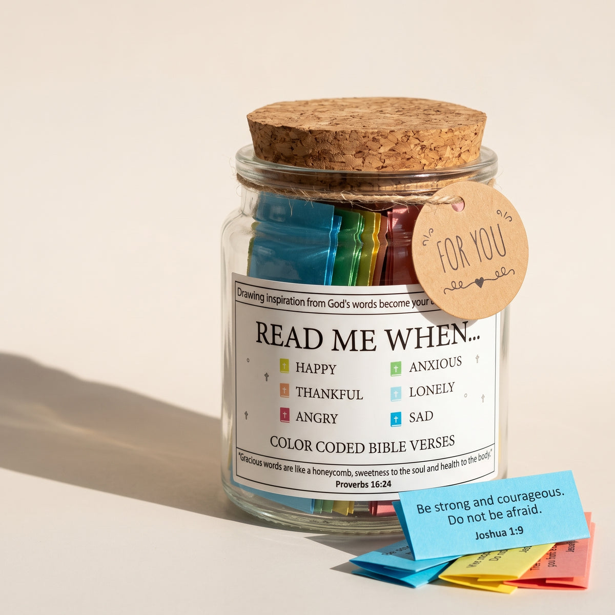 Read Me When Bible verse jar with cork lid and FOR YOU tag, verse slip reading Be strong and courageous, Joshua 1:9