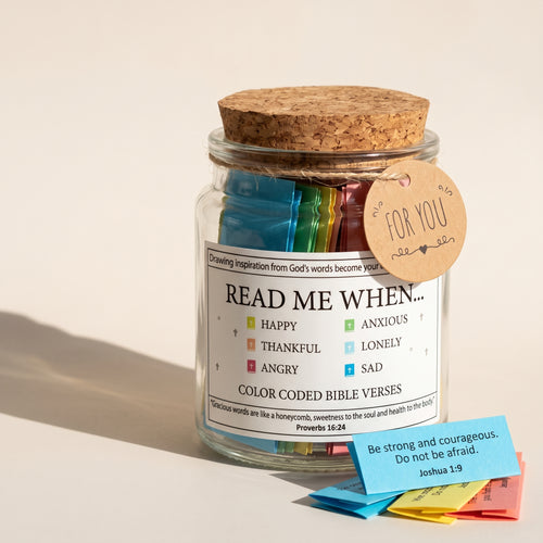 Read Me When Bible verse jar with cork lid and FOR YOU tag, verse slip reading Be strong and courageous, Joshua 1:9